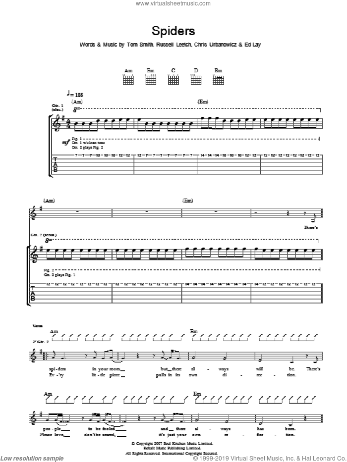 Spiders sheet music for guitar (tablature) by Editors, Chris Urbanowicz, Ed Lay, Russell Leetch and Tom Smith, intermediate skill level