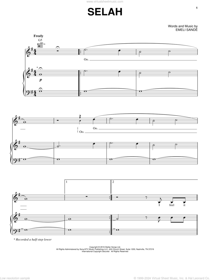 Selah sheet music for voice, piano or guitar by Emeli Sande, intermediate skill level
