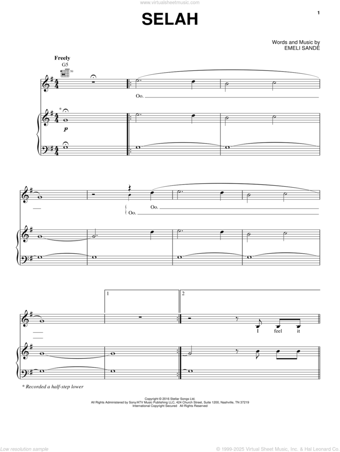 Selah sheet music for voice, piano or guitar by Emeli Sande, intermediate skill level