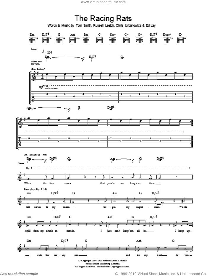 The Racing Rats sheet music for guitar (tablature) by Editors, Chris Urbanowicz, Ed Lay, Russell Leetch and Tom Smith, intermediate skill level