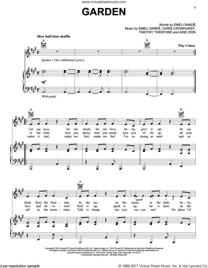 Garden sheet music for voice, piano or guitar by Emeli Sande, Aine Zion, Chris Crowhurst and Timothy Thedford, intermediate skill level