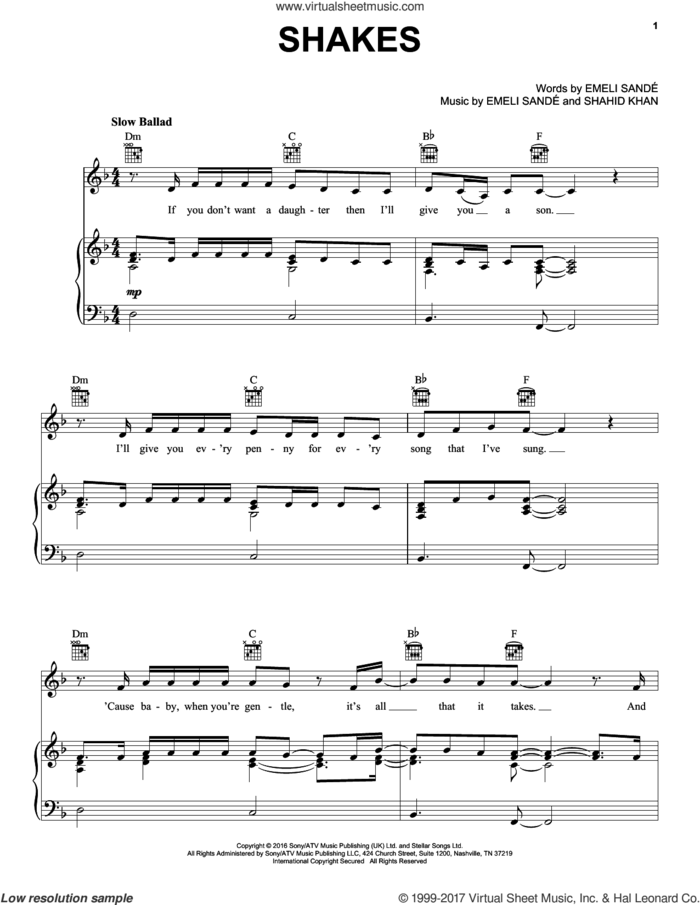 Shakes sheet music for voice, piano or guitar by Emeli Sande and Shahid Khan, intermediate skill level