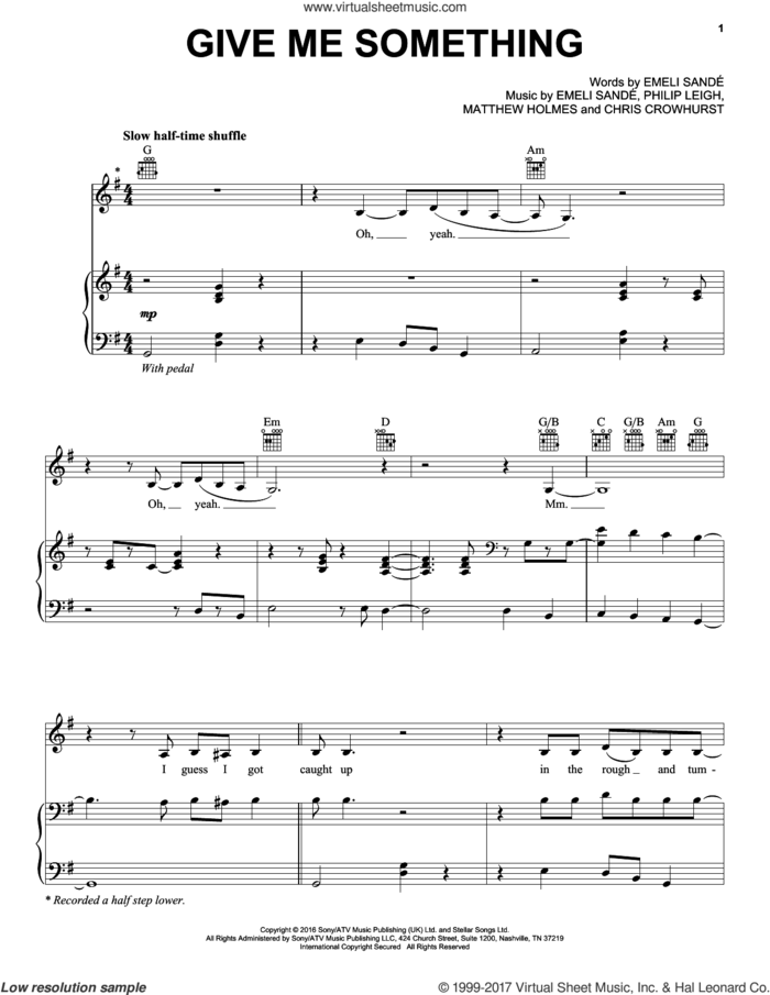 Give Me Something sheet music for voice, piano or guitar by Emeli Sande, Chris Crowhurst, Matthew Holmes and Philip Leigh, intermediate skill level