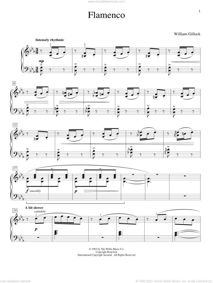 Flamenco sheet music for piano solo (elementary) by William Gillock, beginner piano (elementary)
