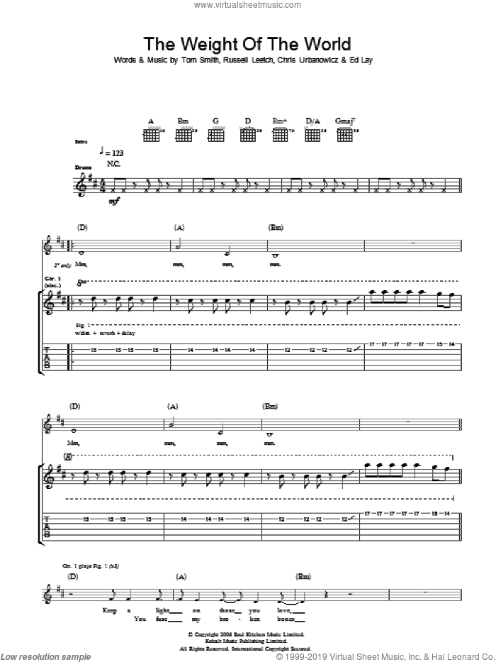 The Weight Of The World sheet music for guitar (tablature) by Editors, Chris Urbanowicz, Ed Lay, Russell Leetch and Tom Smith, intermediate skill level