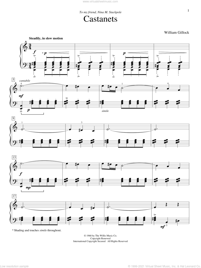Castanets sheet music for piano solo (elementary) by William Gillock, beginner piano (elementary)