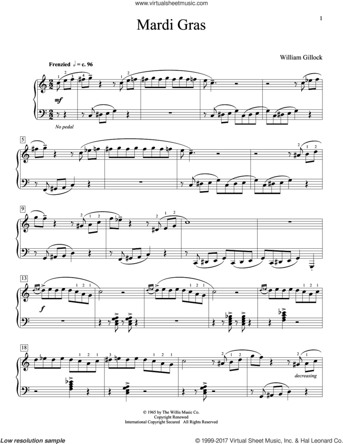 Mardi Gras sheet music for piano solo (elementary) by William Gillock, beginner piano (elementary)