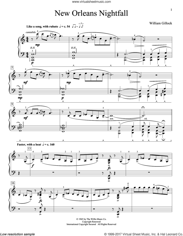 New Orleans Nightfall (Simplified) sheet music for piano solo (elementary) by William Gillock, beginner piano (elementary)
