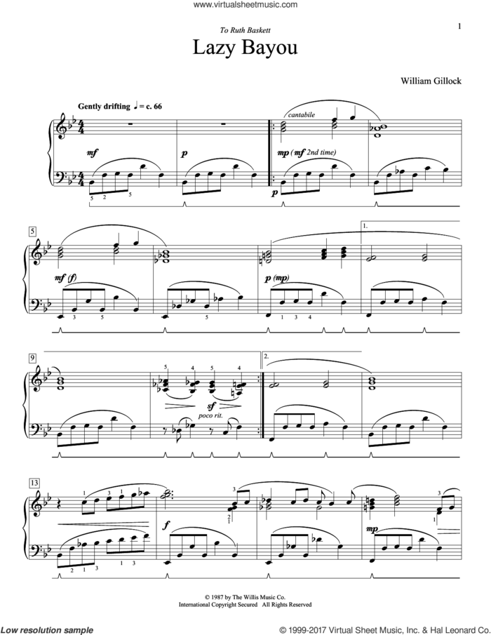 Lazy Bayou sheet music for piano solo (elementary) by William Gillock, beginner piano (elementary)