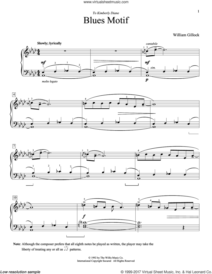 Blues Motif sheet music for piano solo (elementary) by William Gillock, beginner piano (elementary)
