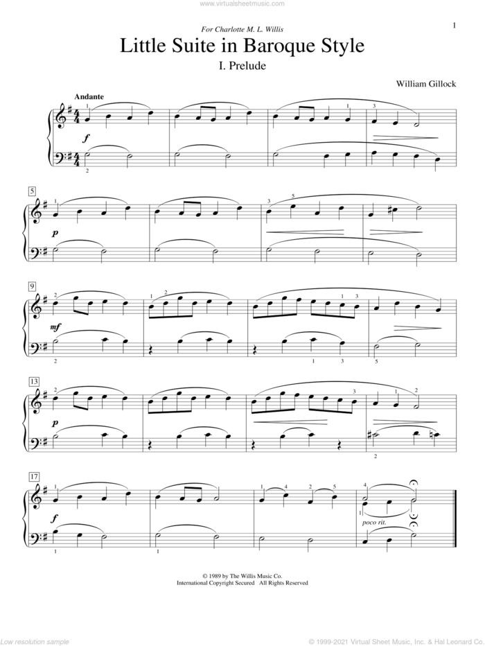 Little Suite In Baroque Style sheet music for piano solo (elementary) by William Gillock, beginner piano (elementary)