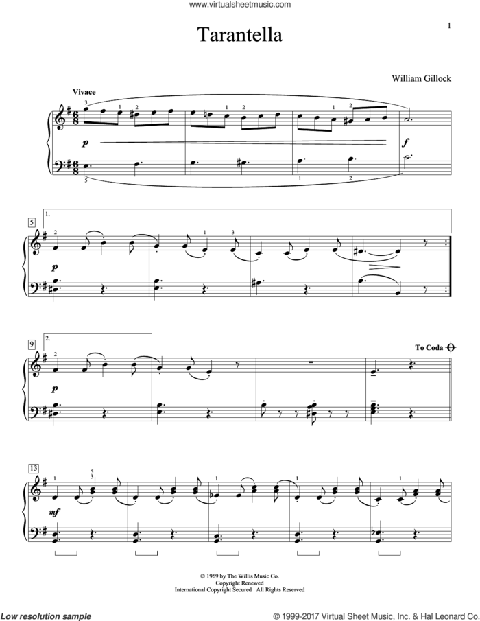 Tarantella sheet music for piano solo (elementary) by William Gillock, beginner piano (elementary)