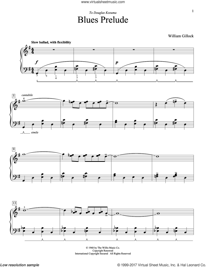 Blues Prelude sheet music for piano solo (elementary) by William Gillock, beginner piano (elementary)