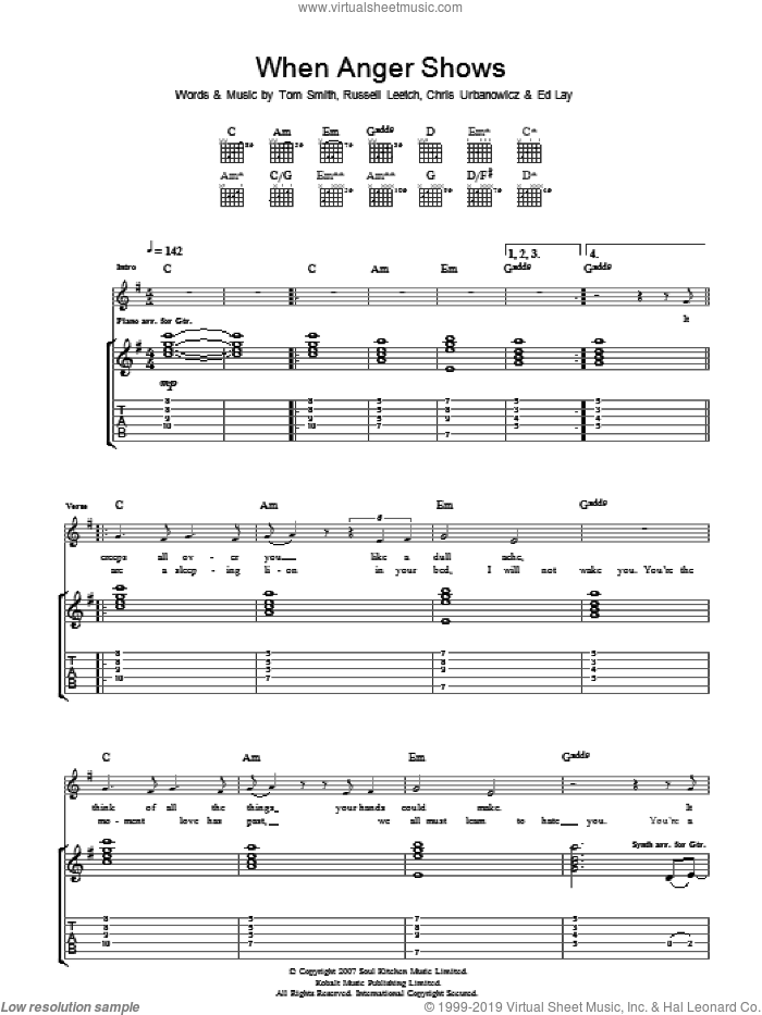When Anger Shows sheet music for guitar (tablature) by Editors, Chris Urbanowicz, Ed Lay, Russell Leetch and Tom Smith, intermediate skill level