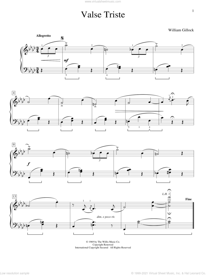 Valse Triste sheet music for piano solo (elementary) by William Gillock, beginner piano (elementary)