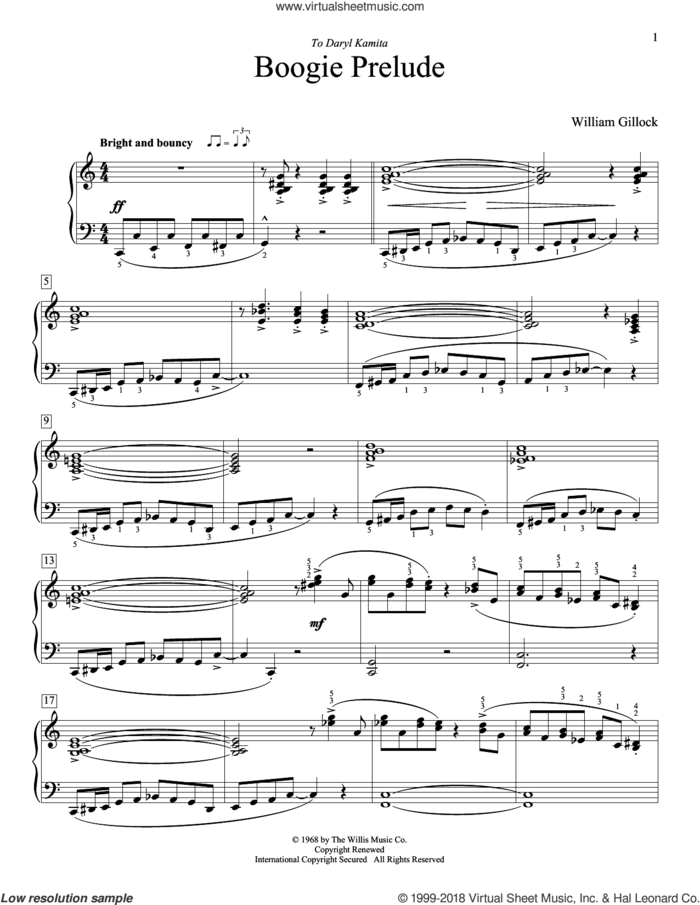 Boogie Prelude sheet music for piano solo (elementary) by William Gillock, beginner piano (elementary)