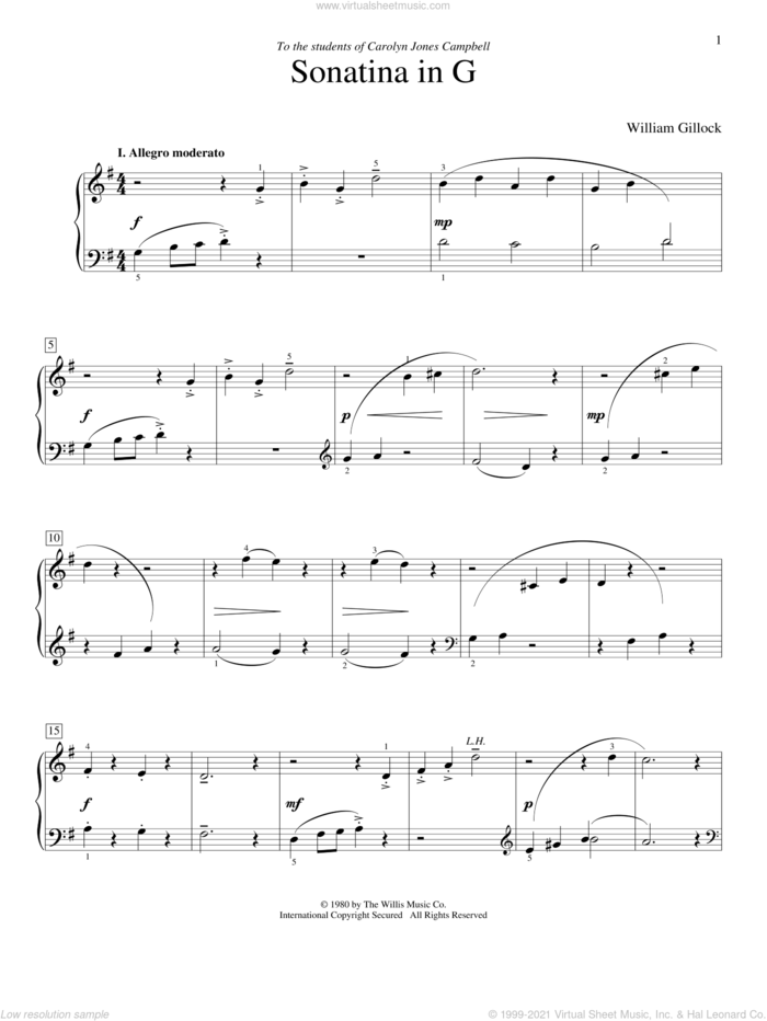 Sonatina In G sheet music for piano solo (elementary) by William Gillock, beginner piano (elementary)