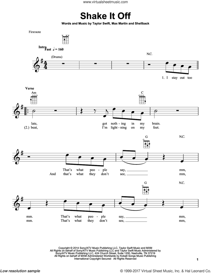 Shake It Off sheet music for ukulele by Taylor Swift, Johan Schuster, Max Martin and Shellback, intermediate skill level