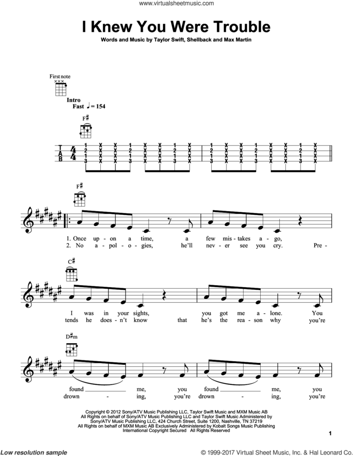 I Knew You Were Trouble sheet music for ukulele by Taylor Swift, Max Martin and Shellback, intermediate skill level