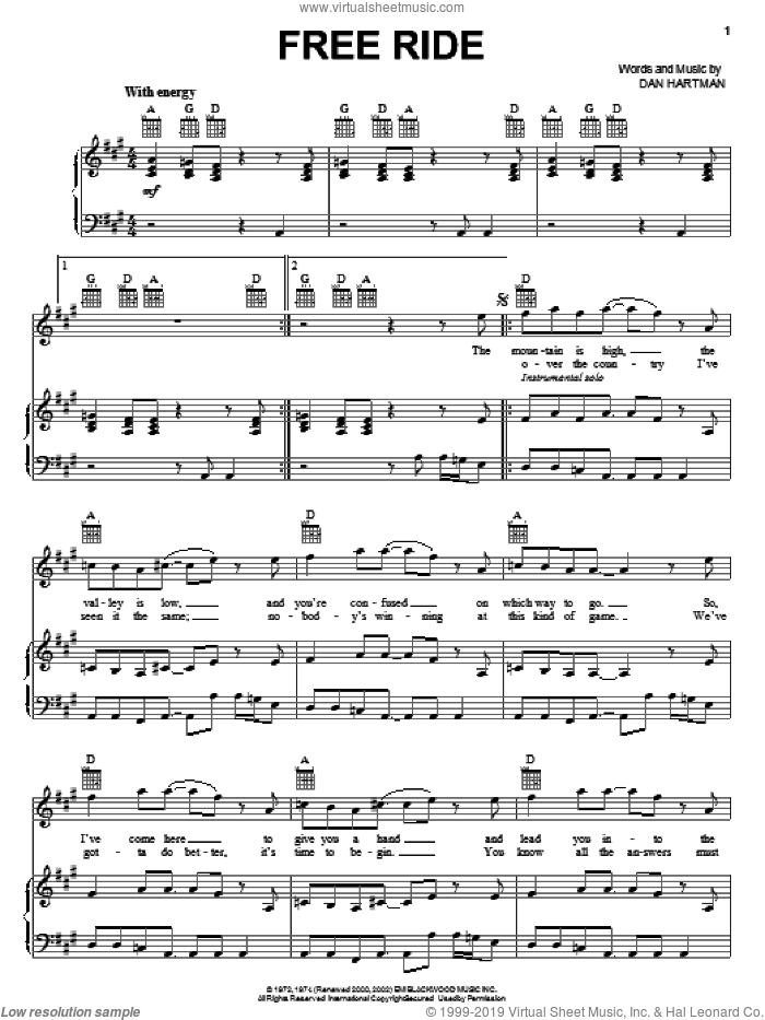 Free Ride sheet music for voice, piano or guitar by Edgar Winter Group and Dan Hartman, intermediate skill level