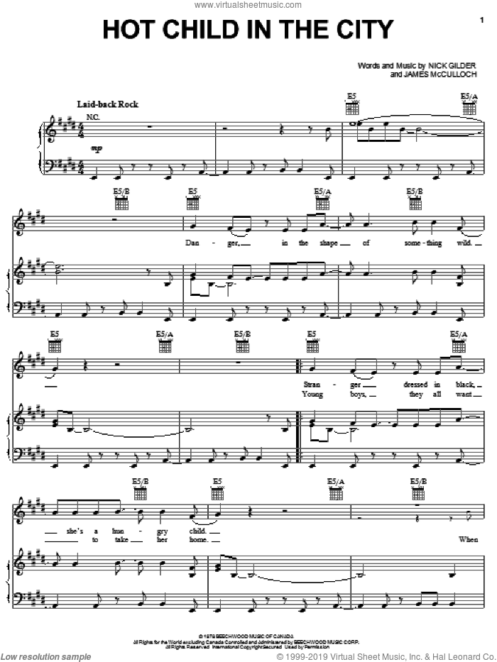 Hot Child In The City sheet music for voice, piano or guitar by Nick Gilder and James McCulloch, intermediate skill level