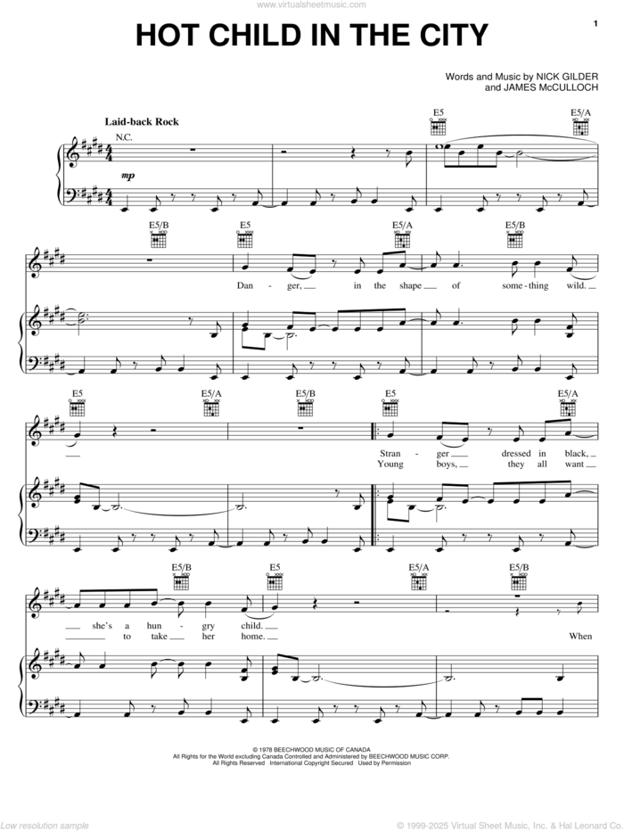Hot Child In The City sheet music for voice, piano or guitar by Nick Gilder and James McCulloch, intermediate skill level
