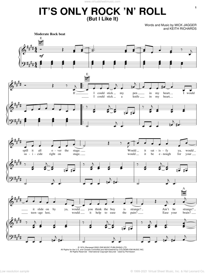 It's Only Rock 'N' Roll (But I Like It) sheet music for voice, piano or guitar by The Rolling Stones, Keith Richards and Mick Jagger, intermediate skill level