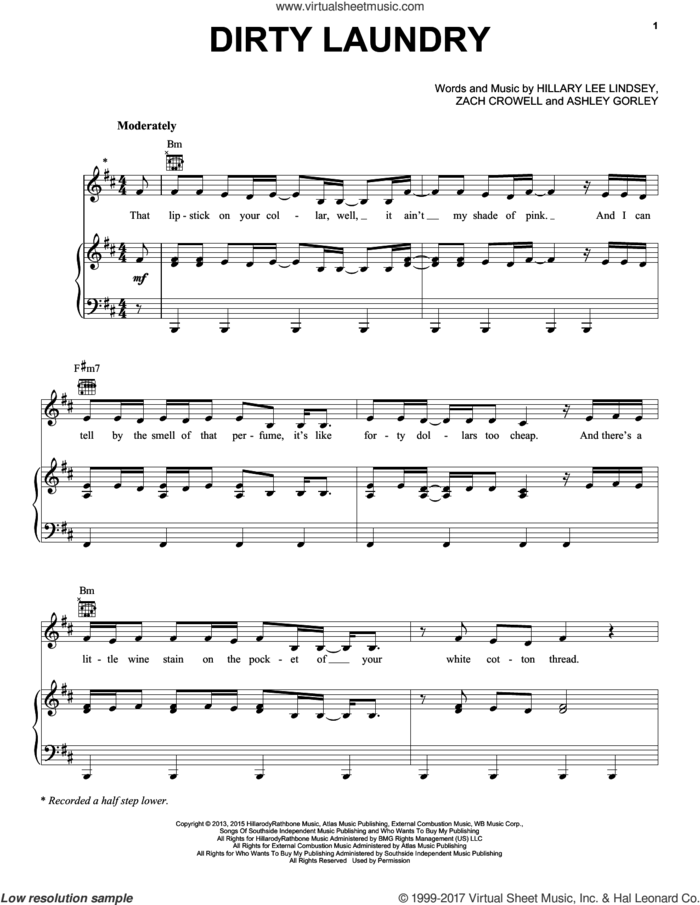 Dirty Laundry sheet music for voice, piano or guitar by Carrie Underwood, Ashley Gorley, Hillary Lee Lindsey and Zach Crowell, intermediate skill level