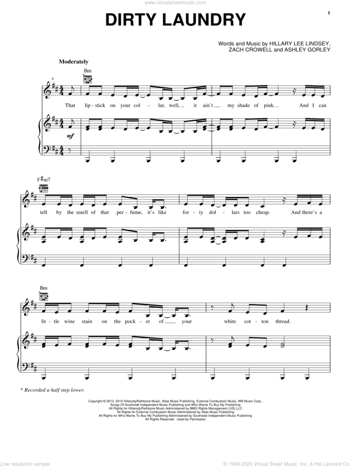 Dirty Laundry sheet music for voice, piano or guitar by Carrie Underwood, Ashley Gorley, Hillary Lee Lindsey and Zach Crowell, intermediate skill level