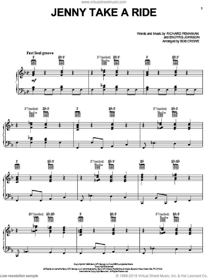 Jenny Take A Ride sheet music for voice, piano or guitar by Mitch Ryder & The Detroit Wheels, Bob Crewe, Emotris Johnson, Enotris Johnson and Richard Penniman, intermediate skill level