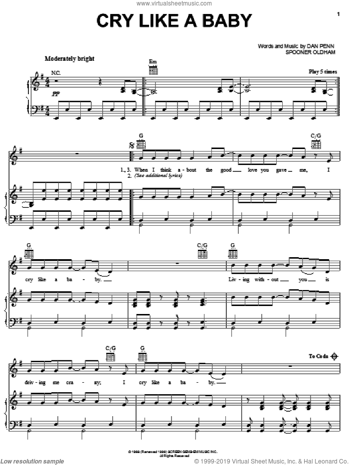 Cry Like A Baby sheet music for voice, piano or guitar by The Box Tops, Dan Penn and Spooner Oldham, intermediate skill level