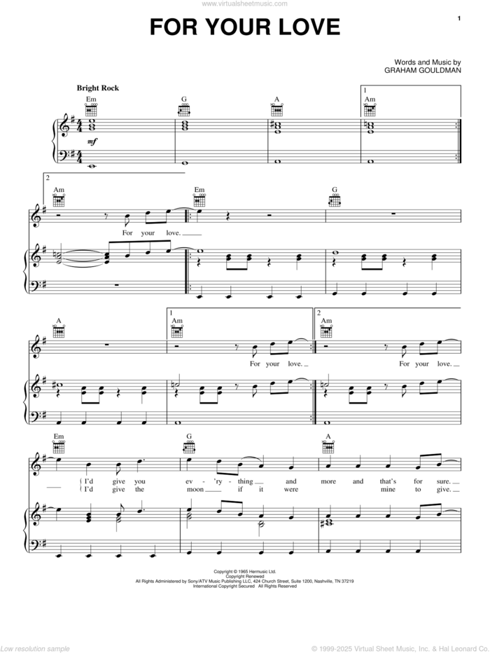 For Your Love sheet music for voice, piano or guitar by The Yardbirds, Eric Clapton and Graham Gouldman, intermediate skill level