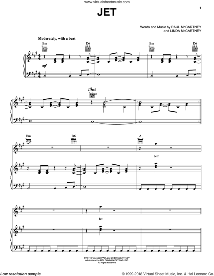 Jet sheet music for voice, piano or guitar by Paul McCartney, Paul McCartney and Wings and Linda McCartney, intermediate skill level