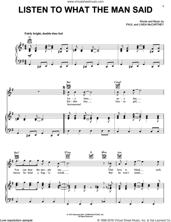 Listen To What The Man Said sheet music for voice, piano or guitar by Paul McCartney, Paul McCartney and Wings and Linda McCartney, intermediate skill level