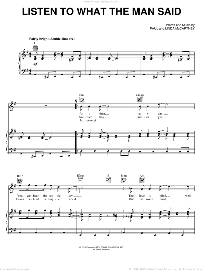 Listen To What The Man Said sheet music for voice, piano or guitar by Paul McCartney, Paul McCartney and Wings and Linda McCartney, intermediate skill level