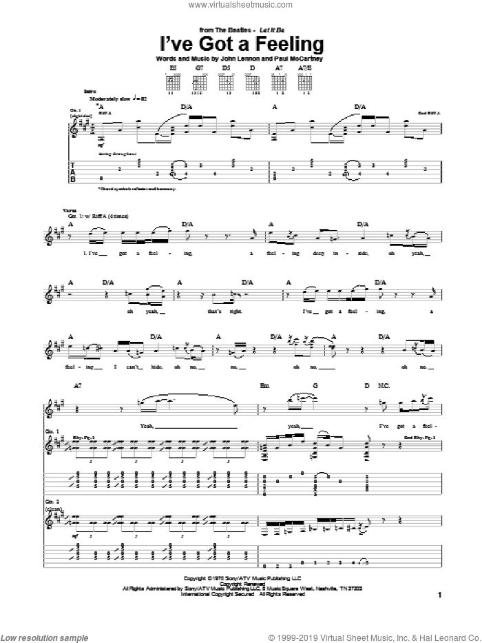 I've Got A Feeling sheet music for guitar (tablature) by The Beatles, John Lennon and Paul McCartney, intermediate skill level