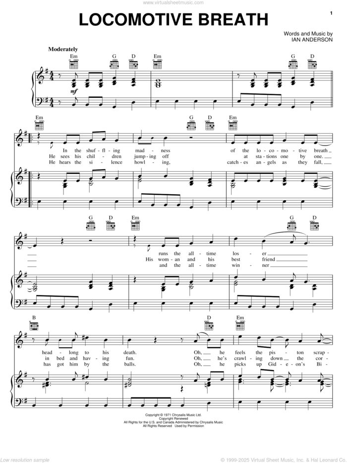 Locomotive Breath sheet music for voice, piano or guitar by Jethro Tull and Ian Anderson, intermediate skill level