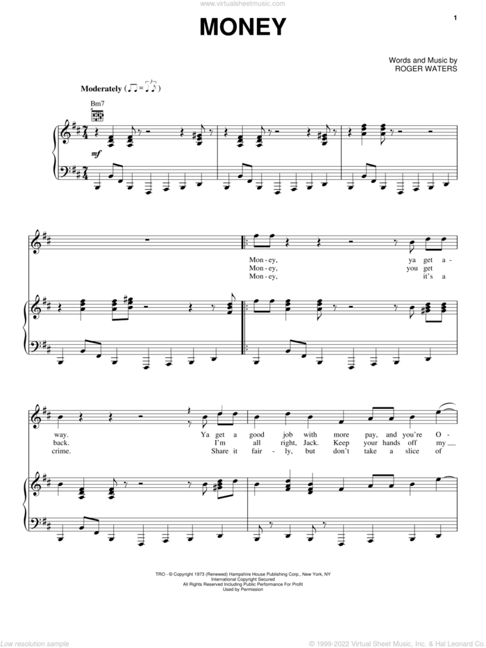Money sheet music for voice, piano or guitar by Pink Floyd and Roger Waters, intermediate skill level
