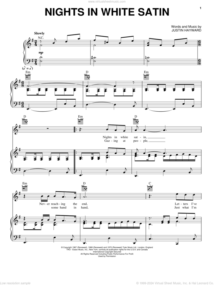 Nights In White Satin sheet music for voice, piano or guitar by The Moody Blues and Justin Hayward, intermediate skill level