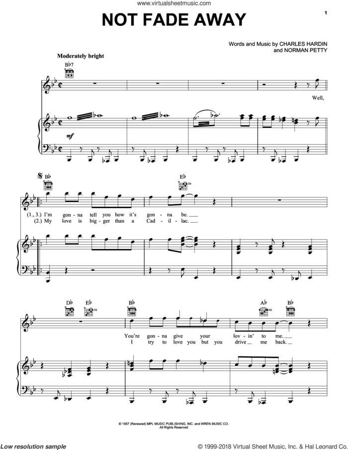 Not Fade Away sheet music for voice, piano or guitar by Buddy Holly, Charles Hardin and Norman Petty, intermediate skill level