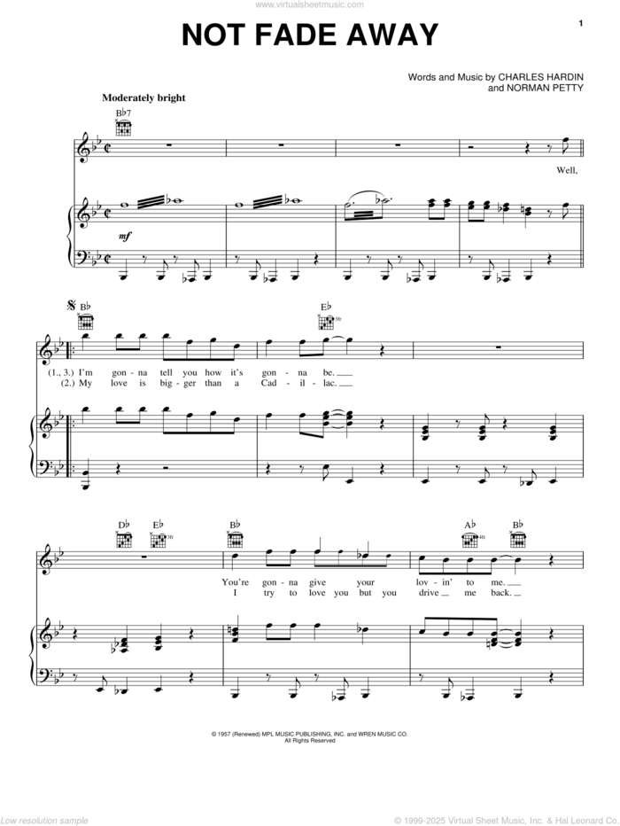 Not Fade Away sheet music for voice, piano or guitar by Buddy Holly, Charles Hardin and Norman Petty, intermediate skill level