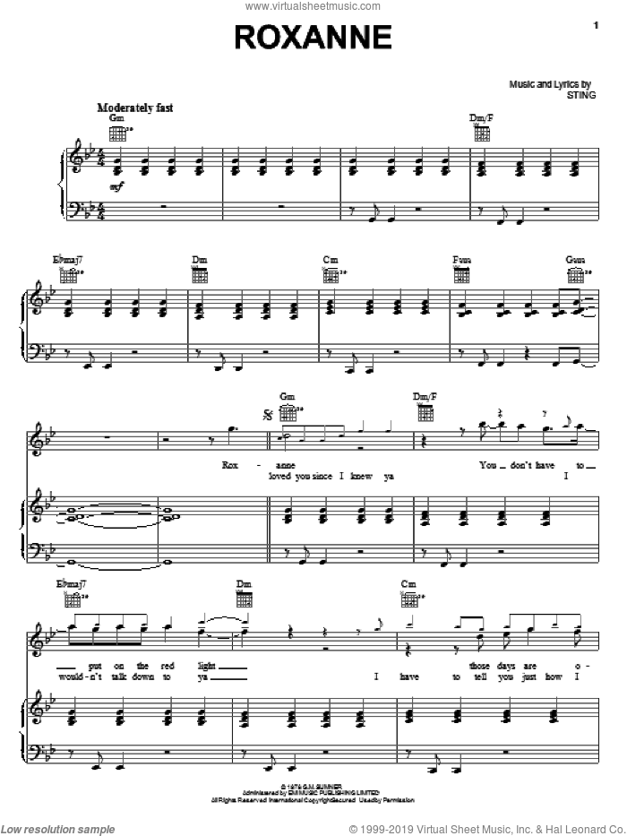 Roxanne sheet music for voice, piano or guitar by The Police and Sting, intermediate skill level