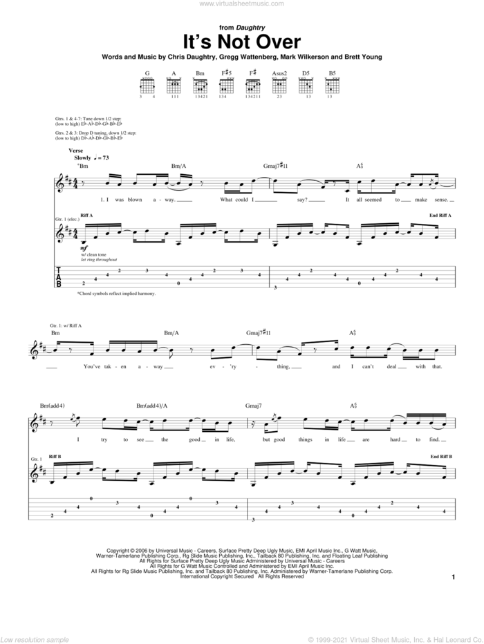 It's Not Over sheet music for guitar (tablature) by Daughtry, American Idol, Brett Young, Chris Daughtry, Gregg Wattenberg and Mark Wilkerson, intermediate skill level