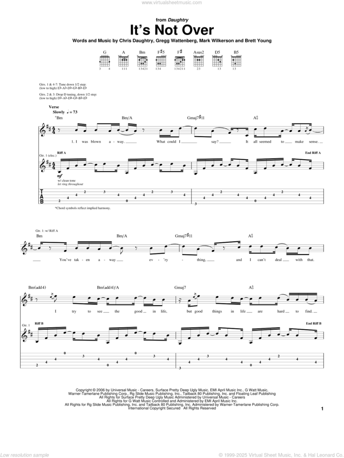 It's Not Over sheet music for guitar (tablature) by Daughtry, American Idol, Brett Young, Chris Daughtry, Gregg Wattenberg and Mark Wilkerson, intermediate skill level