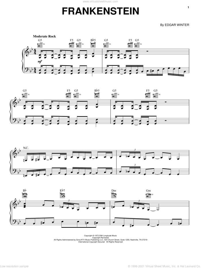 Frankenstein sheet music for voice, piano or guitar by The Edgar Winter Group and Edgar Winter Group and Edgar Winter, intermediate skill level