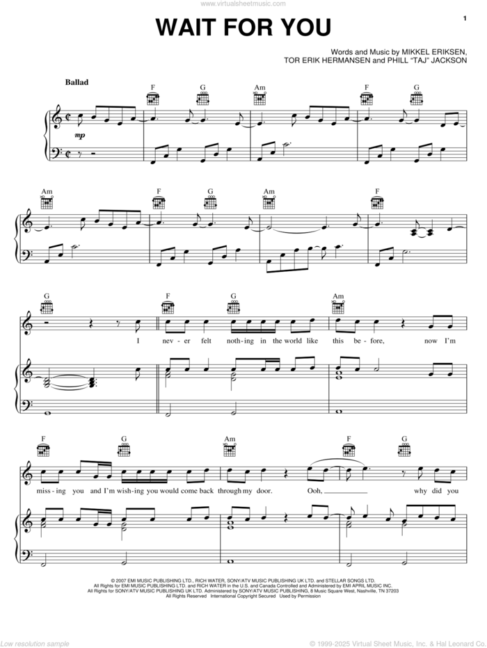 Wait For You sheet music for voice, piano or guitar by Elliott Yamin, Mikkel Eriksen, Phill 'Taj' Jackson and Tor Erik Hermansen, intermediate skill level