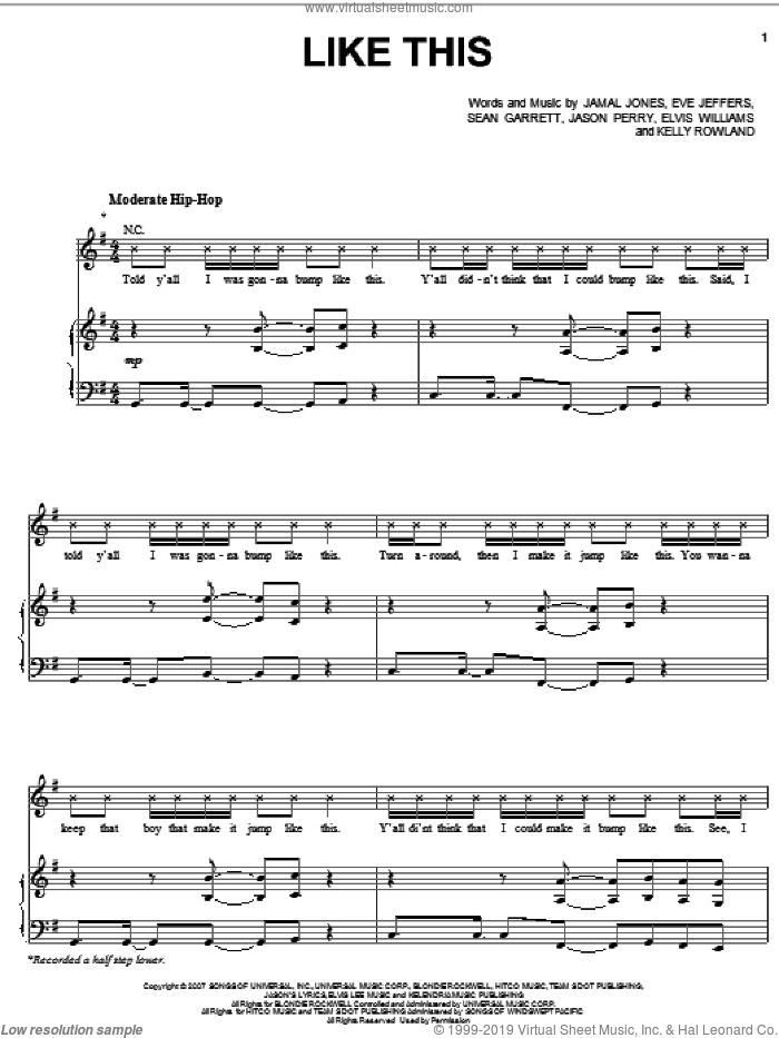 Like This sheet music for voice, piano or guitar by Kelly Rowland featuring Eve, Eve, Elvis Williams, Eve Jeffers, Jamal Jones, Jason Perry, Kelly Rowland and Sean Garrett, intermediate skill level