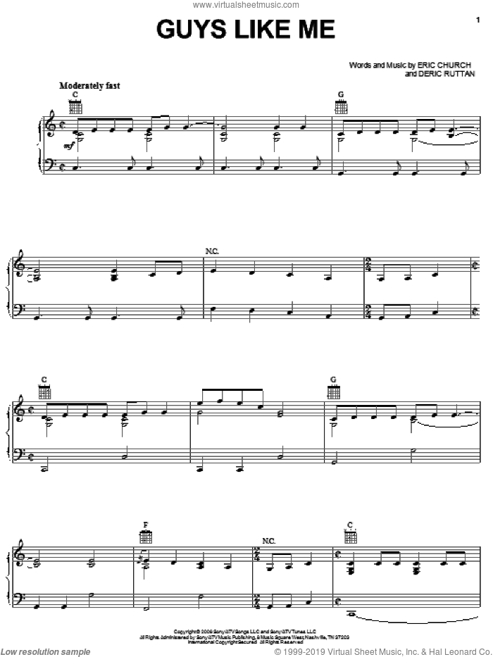Guys Like Me sheet music for voice, piano or guitar by Eric Church and Deric Ruttan, intermediate skill level