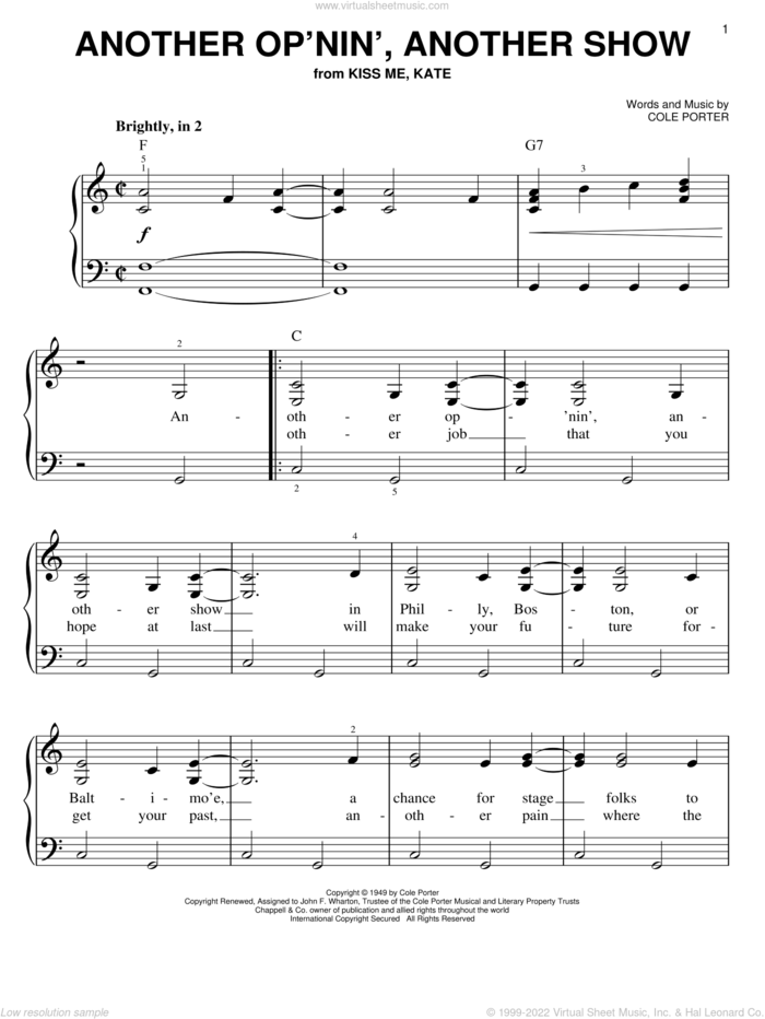 Another Op'nin', Another Show (from Kiss Me, Kate) sheet music for piano solo by Cole Porter and Kiss Me, Kate (Musical), easy skill level