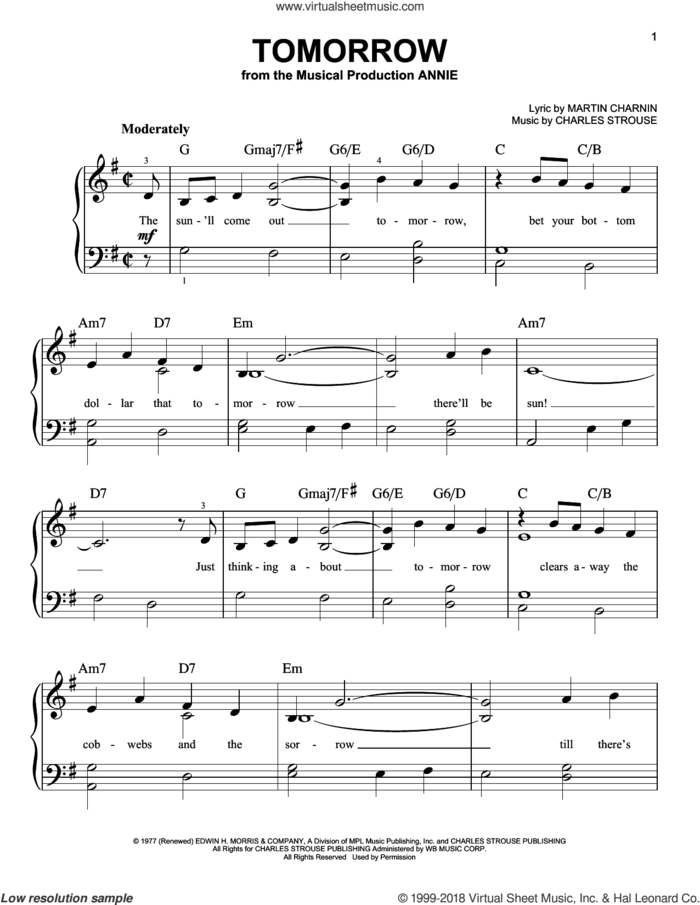 Tomorrow sheet music for piano solo by Charles Strouse, Annie (Musical) and Martin Charnin, beginner skill level
